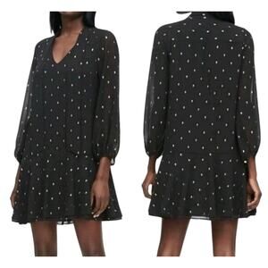 Banana Republic Black w Gold Metallic Sheer Sleeve Mini‎ Dress w Neck Tie SZ 8